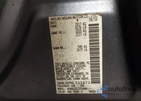 2017 Nissan Altima 2.5/2.5 S/2.5 Sl/2.5 Sr/2.5 Sv z USA, uszkodzony, nr VIN 1N4AL3AP9HC111672